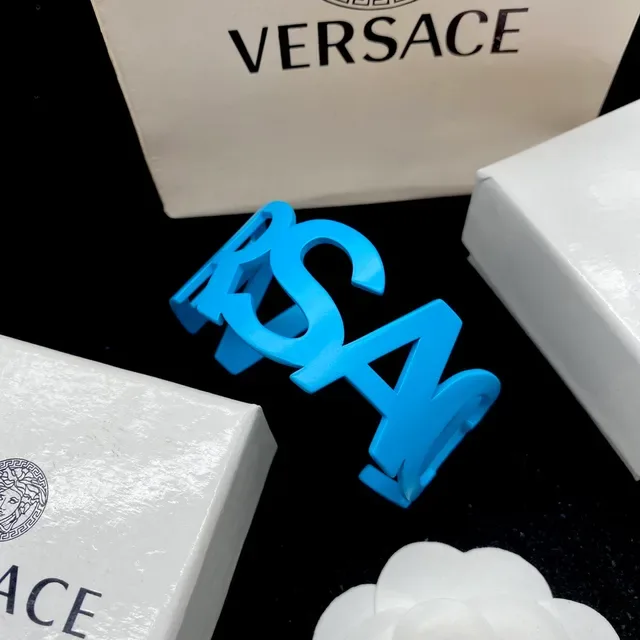 Versace VLogo Sculptural Blue Open Cuff Bracelet 4