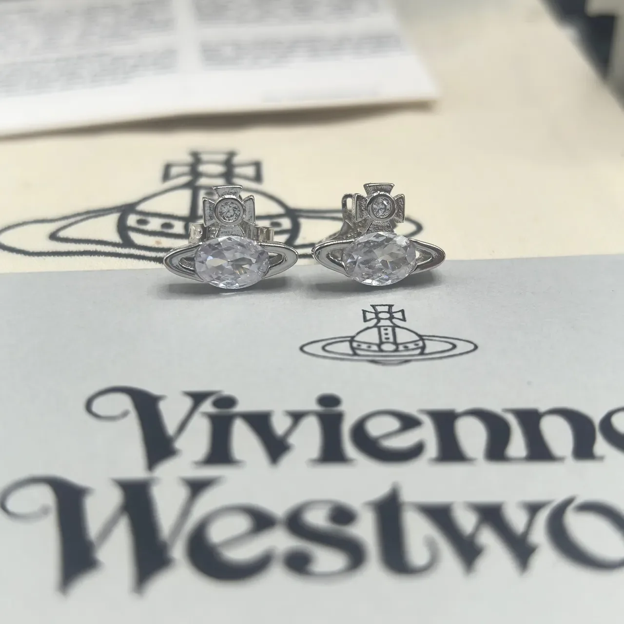 Vivienne Westwood Orb Multicolor Silver Motif Faceted Oval Stone Earrings 4