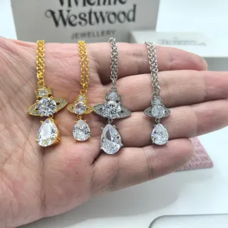 Vivienne Westwood Orb Pendant Necklace Gold Silver Motif Teardrop Crystal Dangle Necklace
