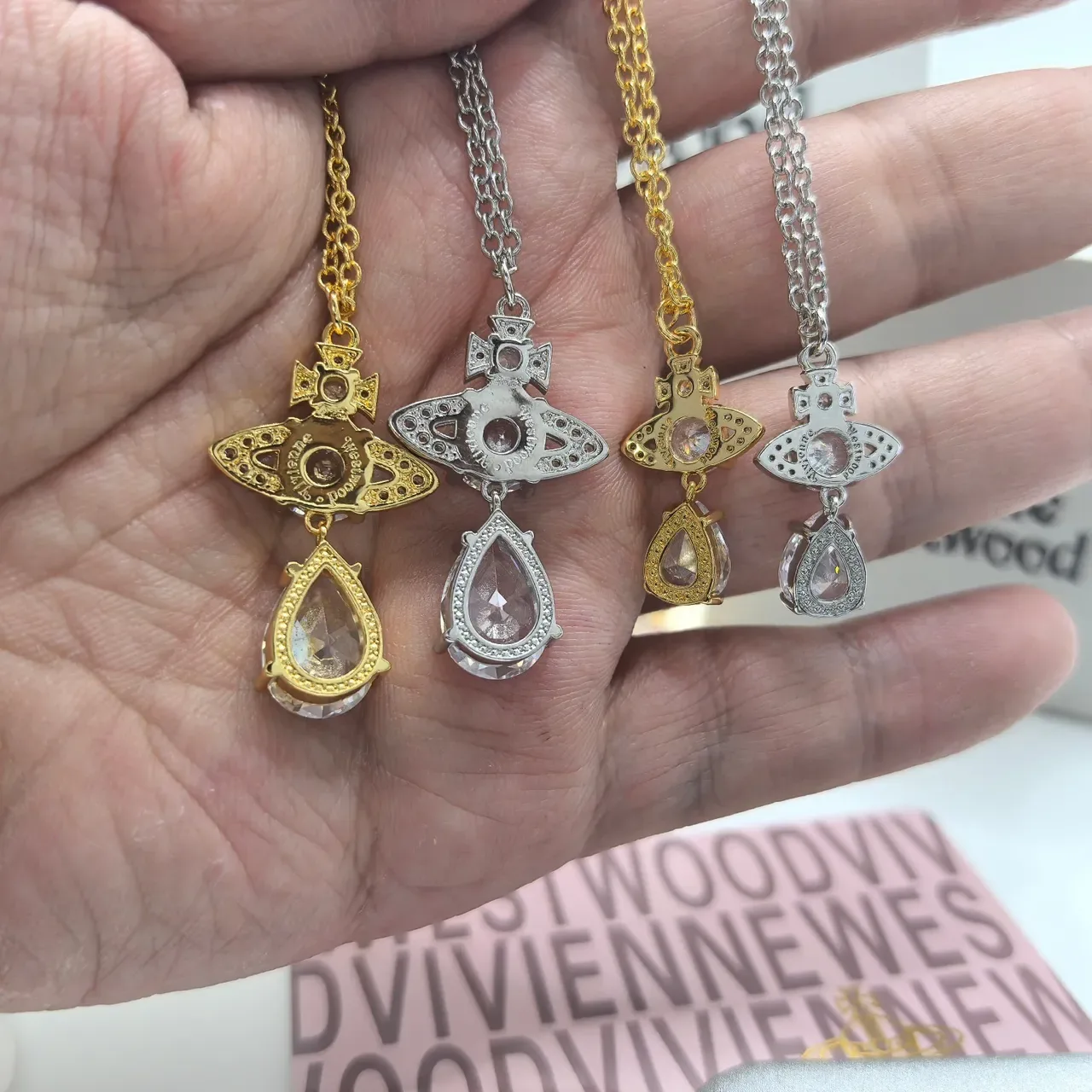 Vivienne Westwood Orb Pendant Necklace Gold Silver Motif Teardrop Crystal Dangle Necklace 2