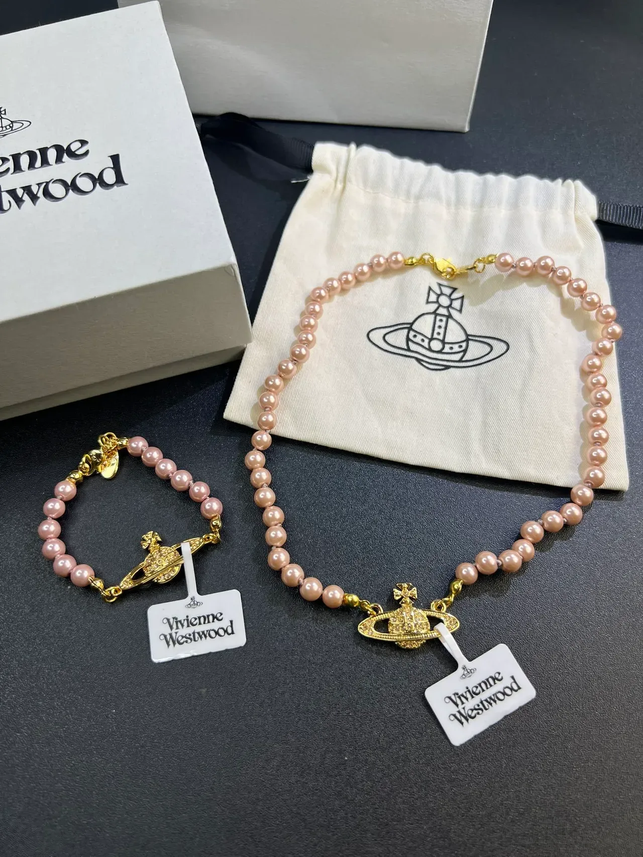 Vivienne Westwood Orb Pink Gold Pearl-Beaded Pendant Necklace 4