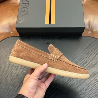 Zegna Brown Beige Suede Upper Penny Strap Loafer