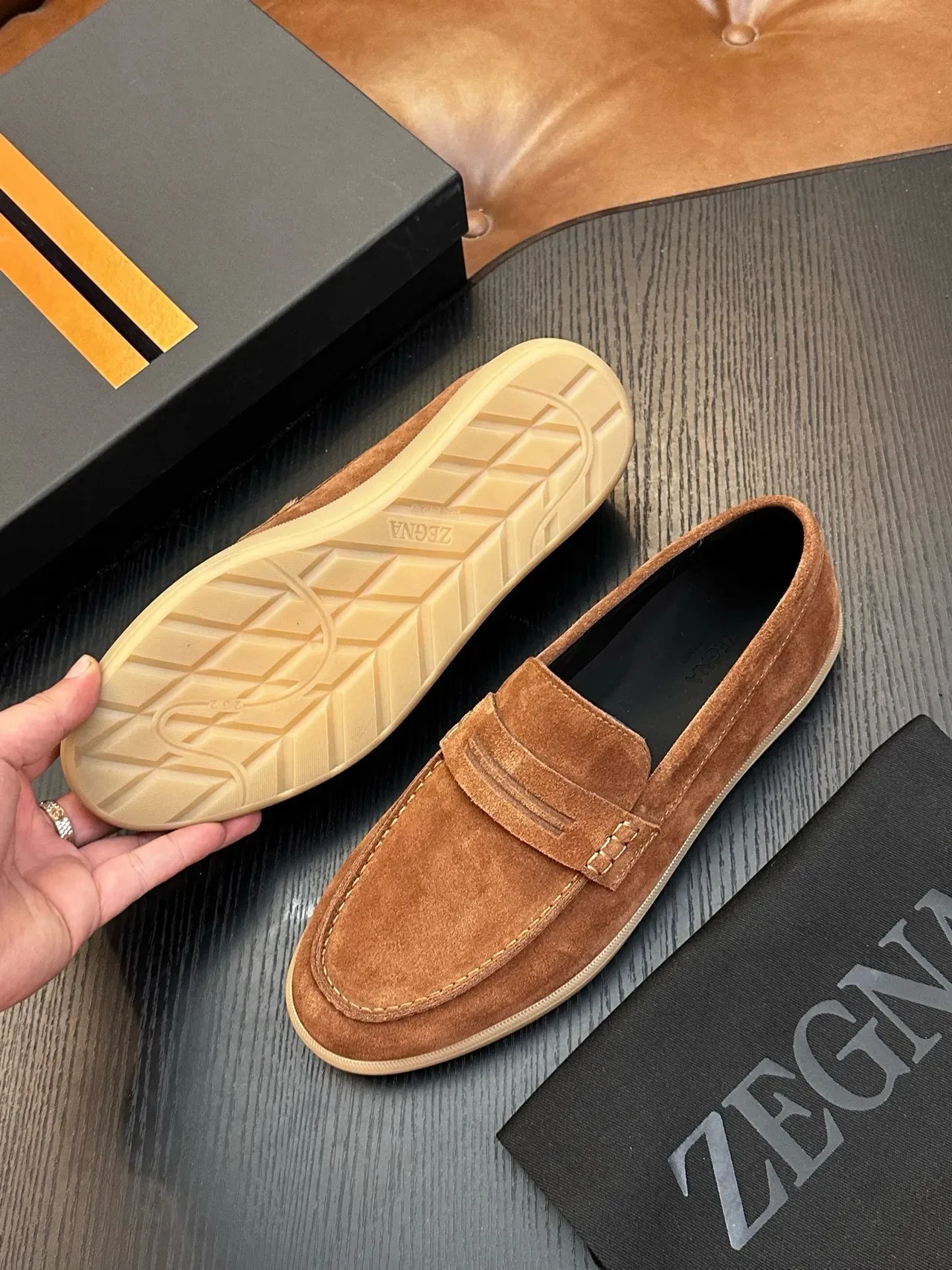 Zegna Brown Beige Suede Upper Penny Strap Loafer 2