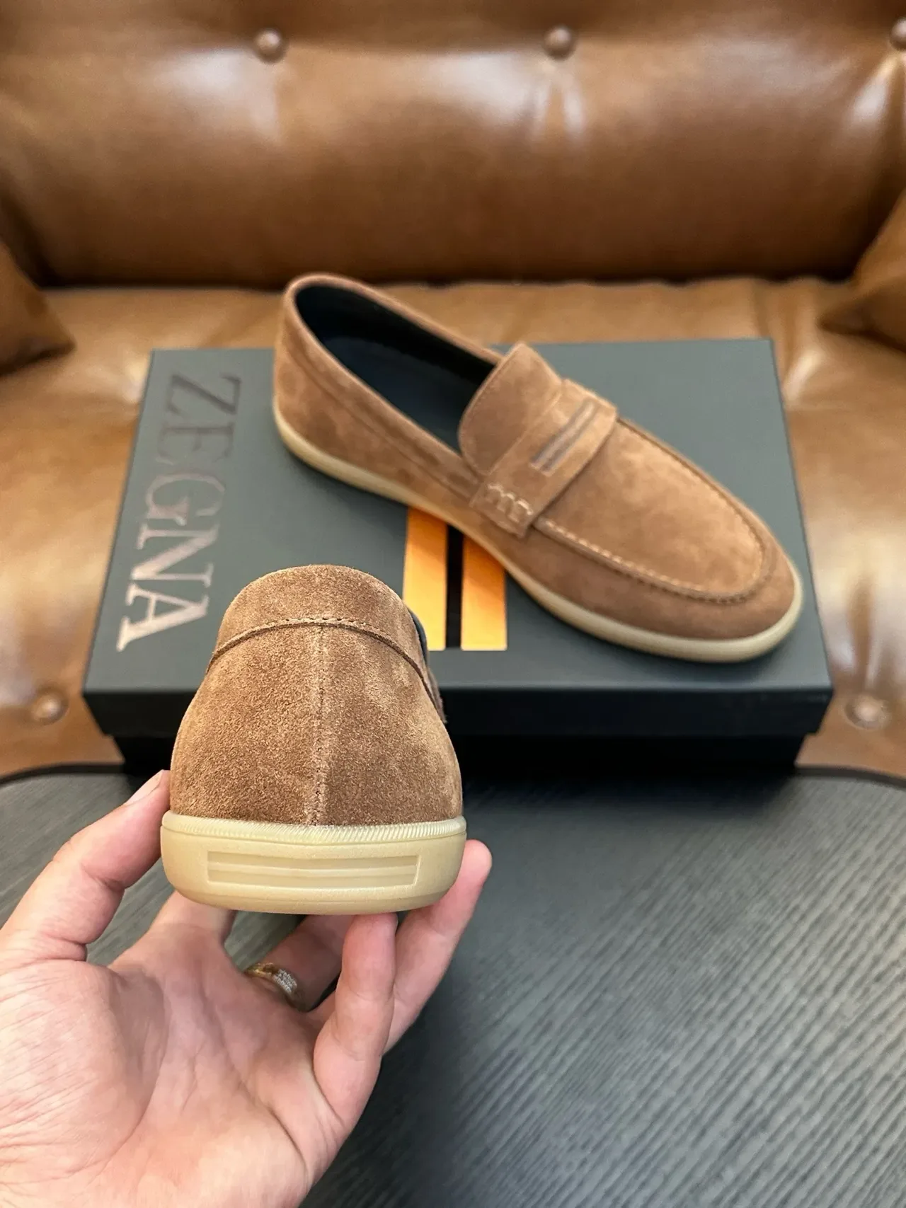 Zegna Brown Beige Suede Upper Penny Strap Loafer 3