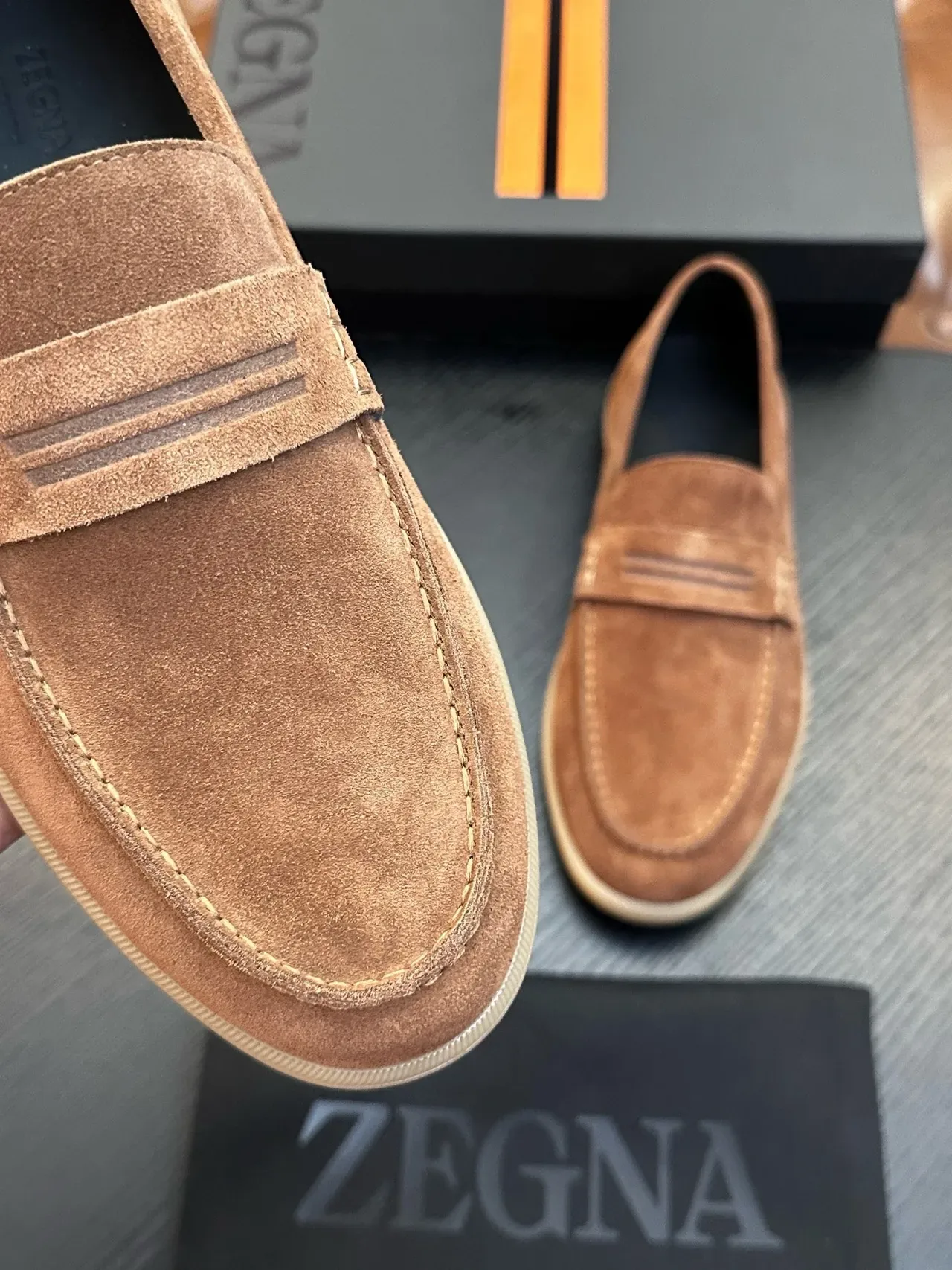 Zegna Brown Beige Suede Upper Penny Strap Loafer 4