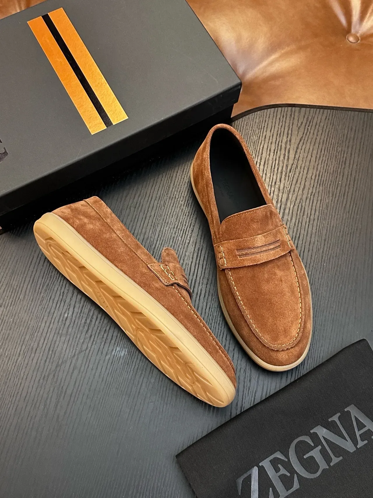Zegna Brown Beige Suede Upper Penny Strap Loafer 5
