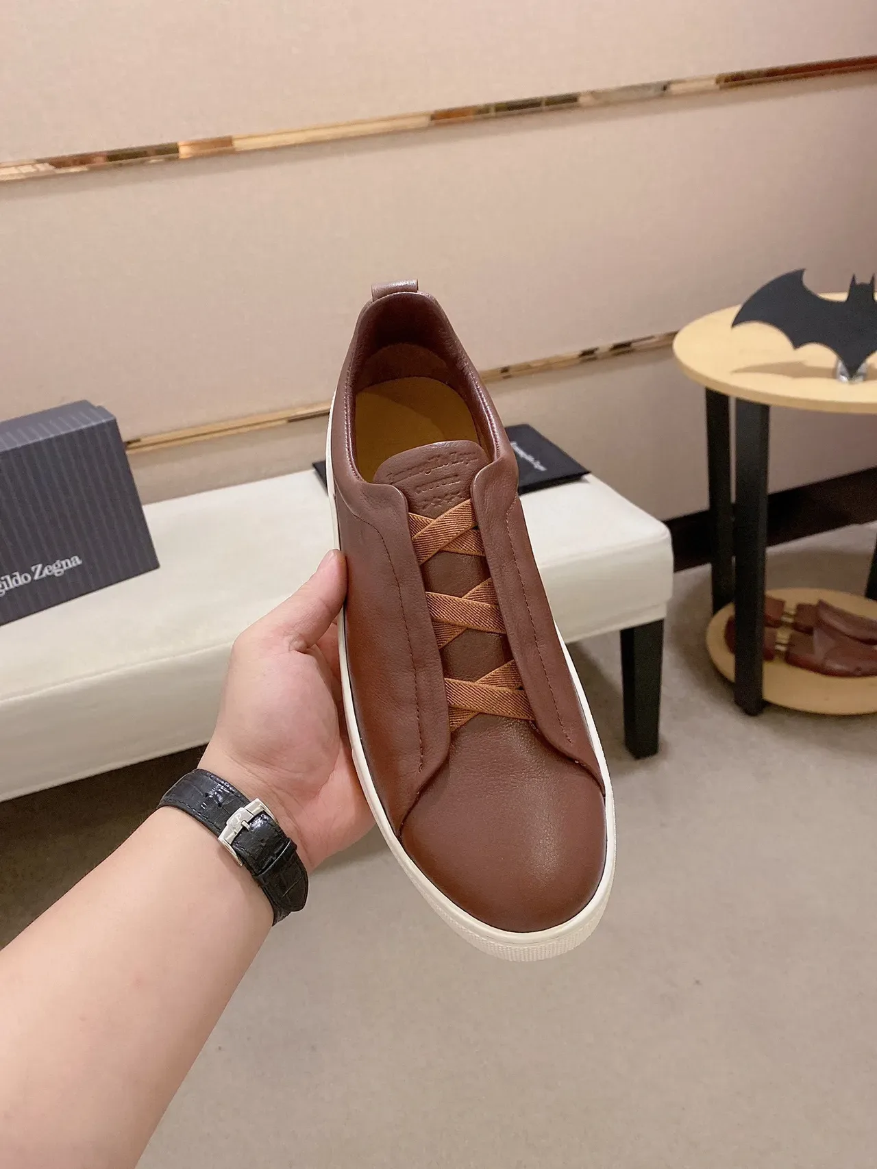 Zegna Brown Leather Slip-On Lifestyle Sneakers 2