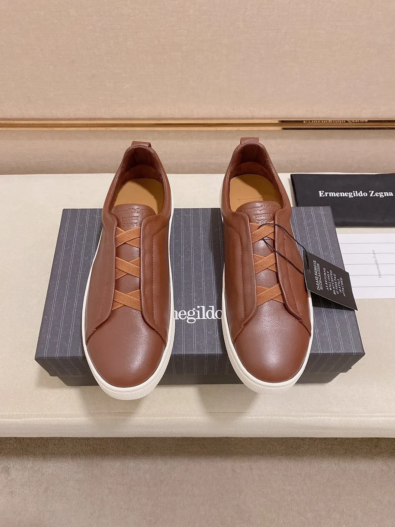 Zegna Brown Leather Slip-On Lifestyle Sneakers 4