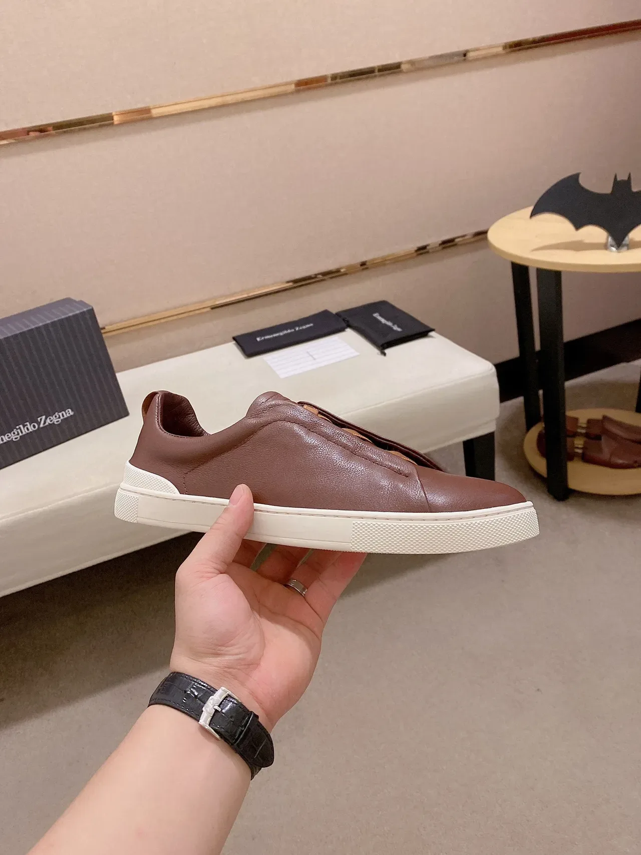 Zegna Brown Leather Slip-On Lifestyle Sneakers 7