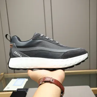 Zegna Gray White Mixed-Material Upper Sculpted Midsole Lifestyle Sneakers