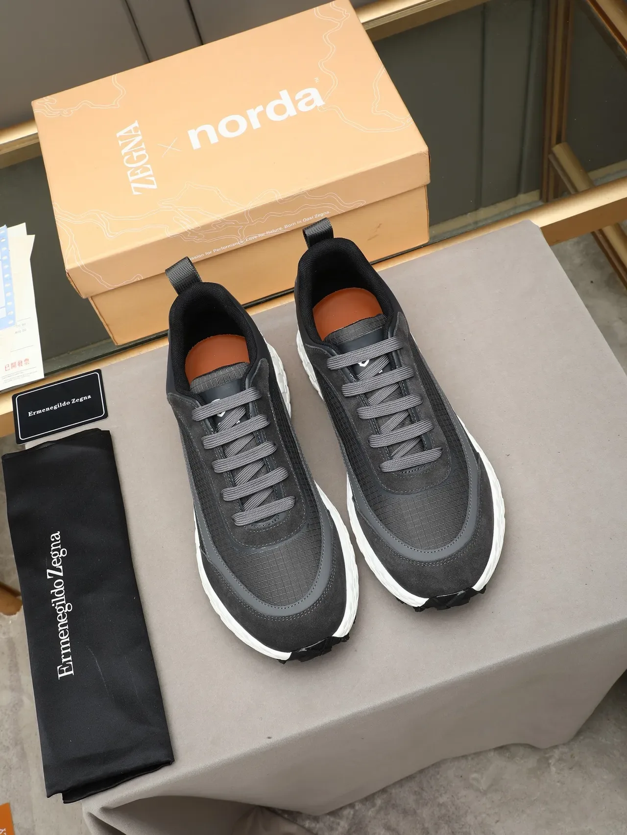 Zegna Gray White Mixed-Material Upper Sculpted Midsole Lifestyle Sneakers 2