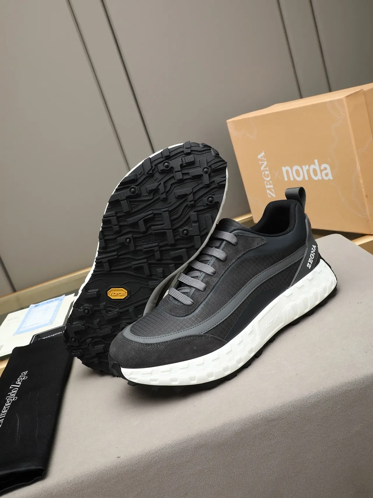 Zegna Gray White Mixed-Material Upper Sculpted Midsole Lifestyle Sneakers 4