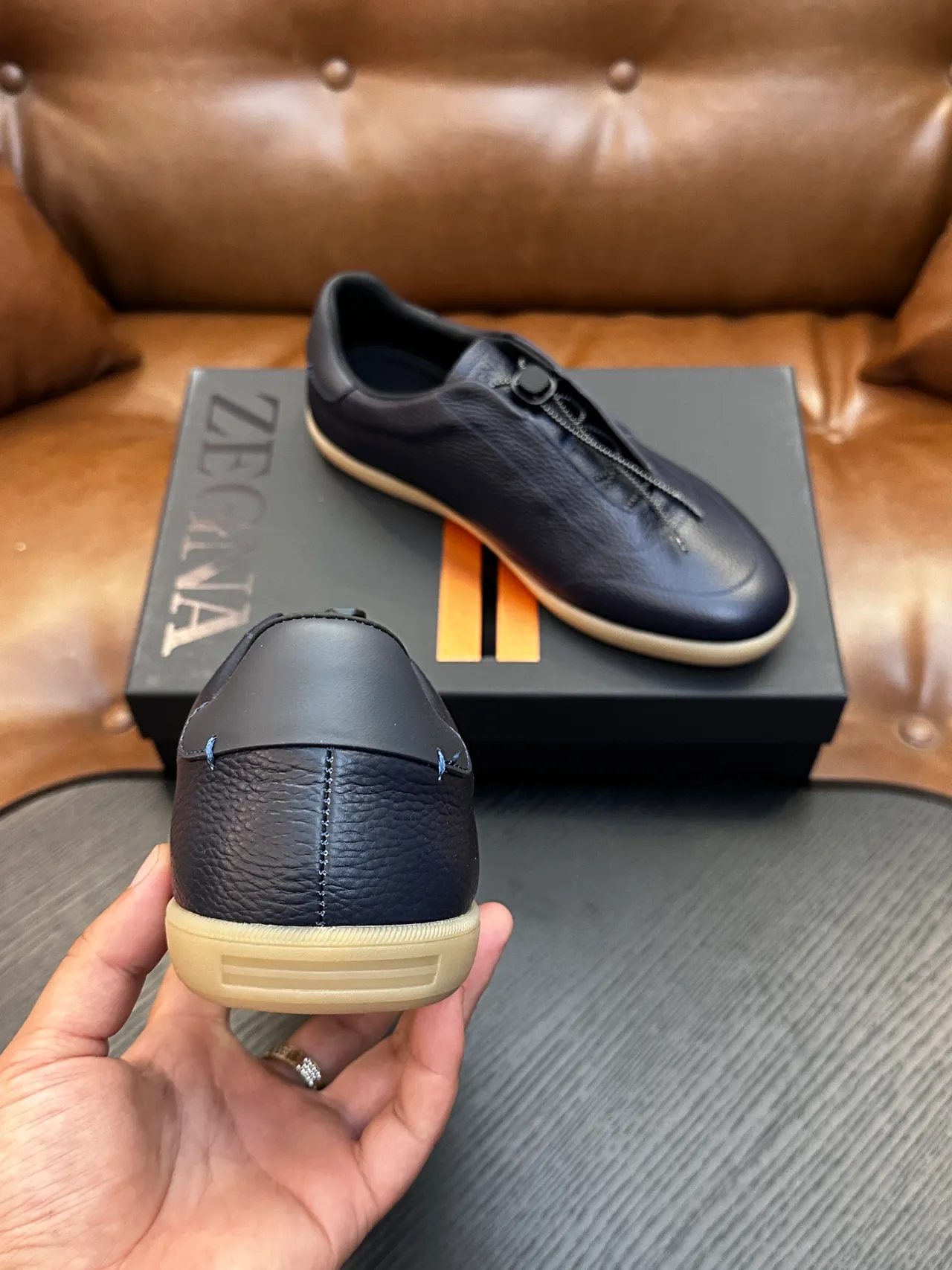Zegna Loafer Noir Beige Cuir Texturé Fermeture Éclair Latérale Loafer 3