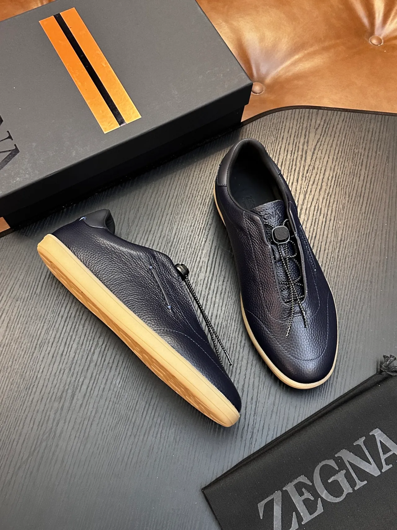 Zegna Loafer Noir Beige Cuir Texturé Fermeture Éclair Latérale Loafer 5