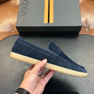 Zegna Navy Beige Suede Penny Strap Loafer