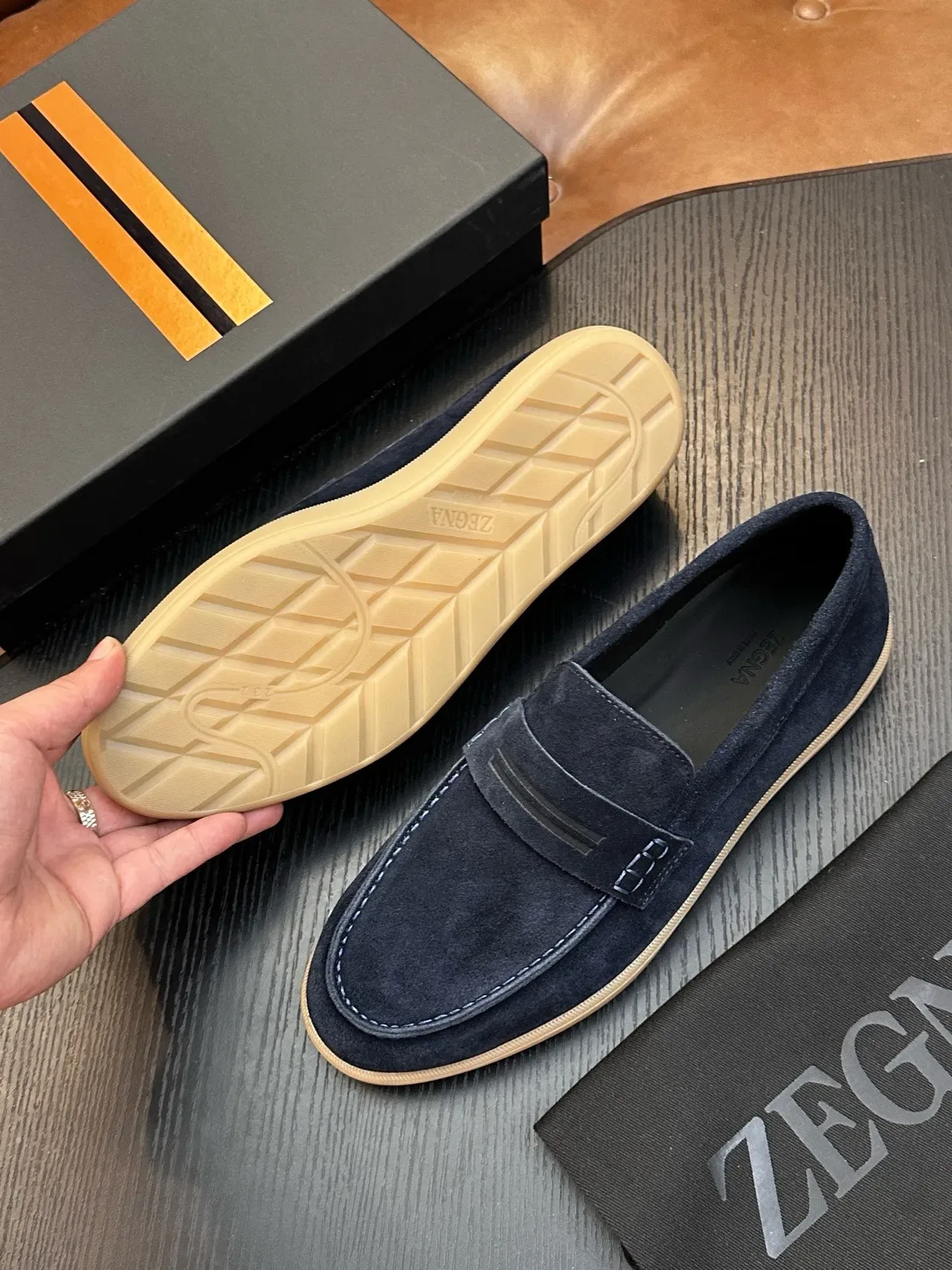 Zegna Navy Beige Suede Penny Strap Loafer 2
