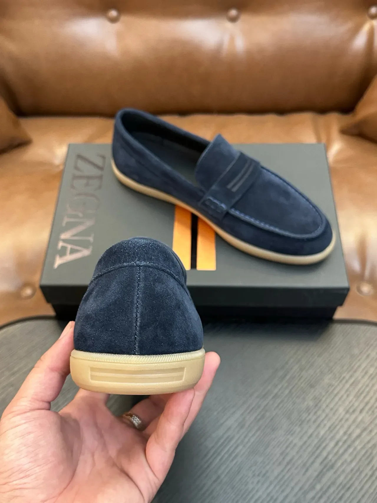 Zegna Navy Beige Suede Penny Strap Loafer 3
