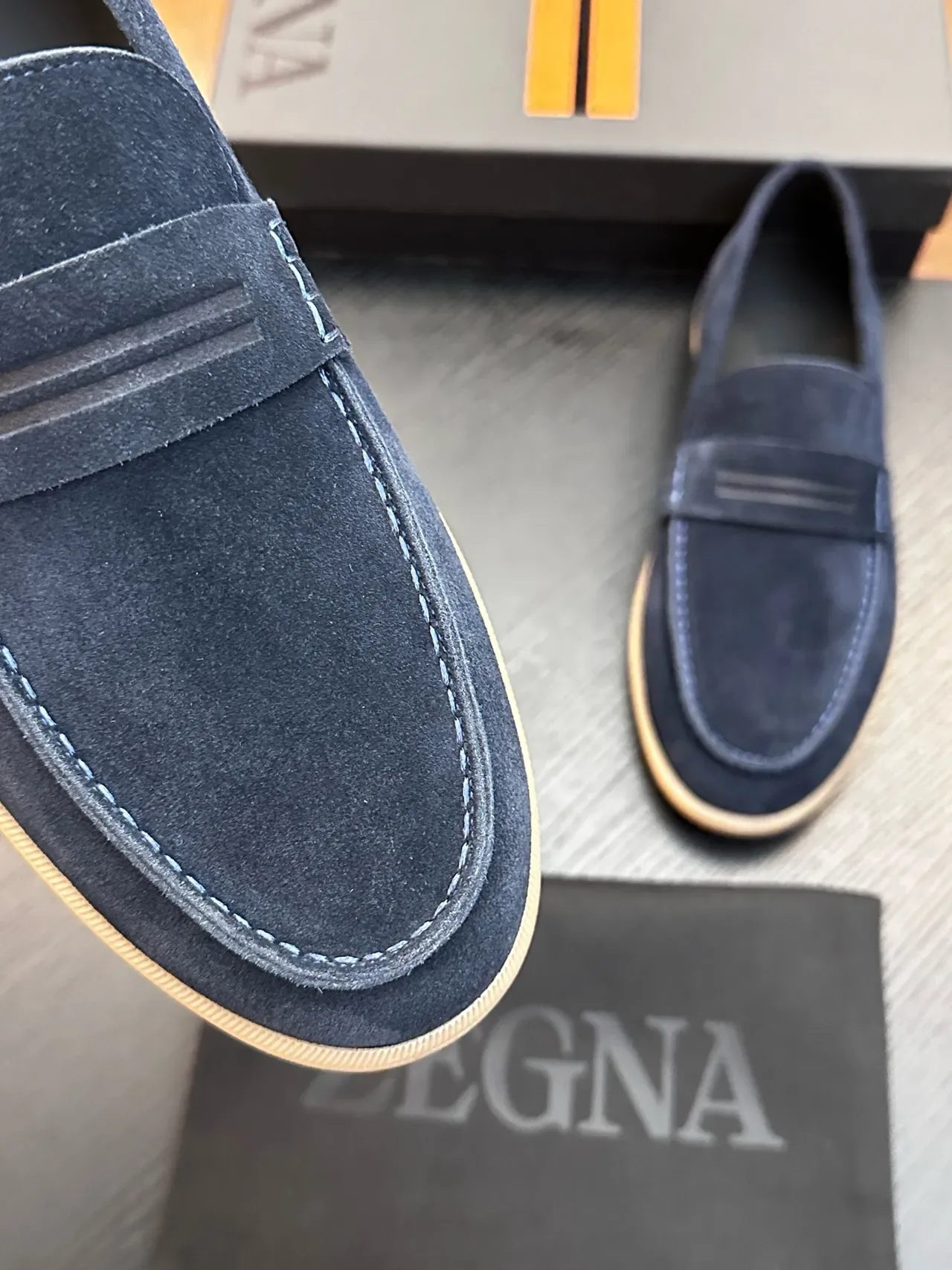Zegna Navy Beige Suede Penny Strap Loafer 4