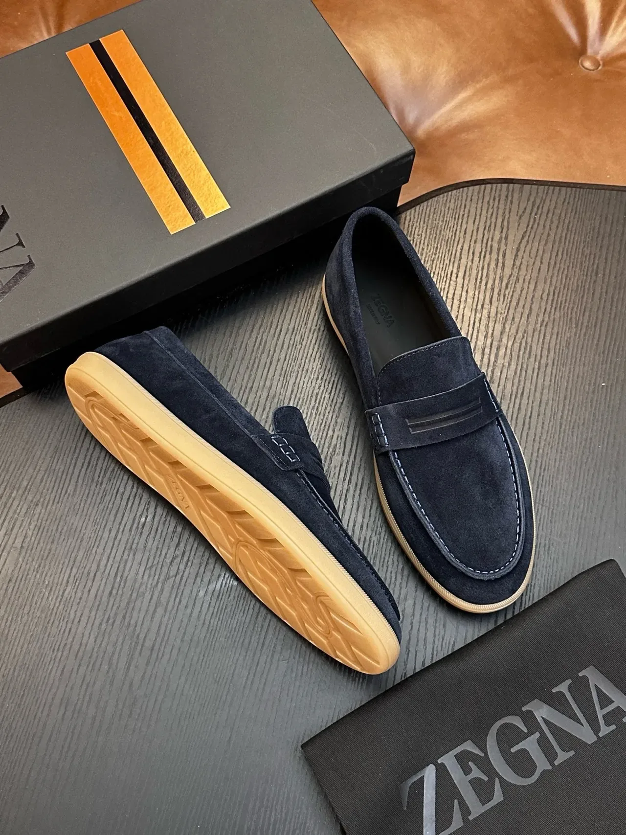 Zegna Navy Beige Suede Penny Strap Loafer 5