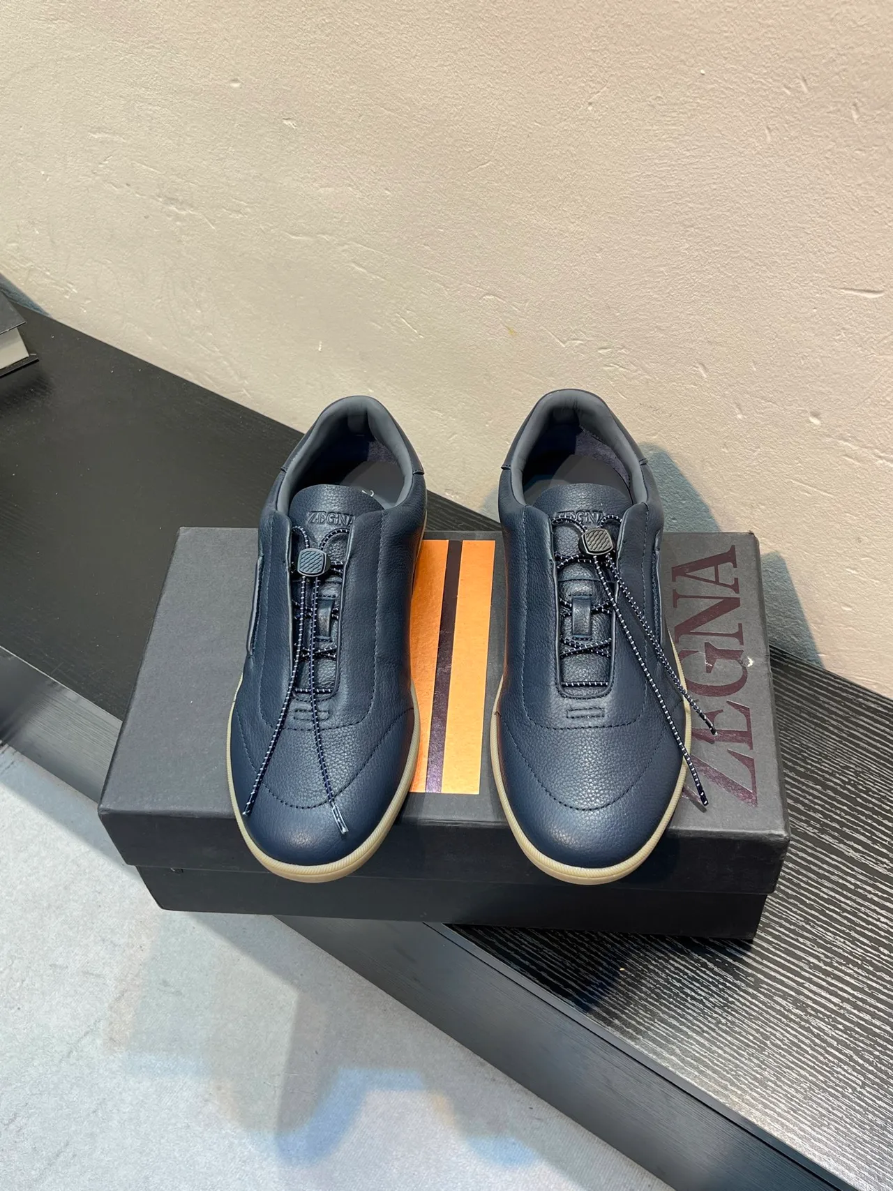 Zegna Navy Cuir Slip-On Loafer 2
