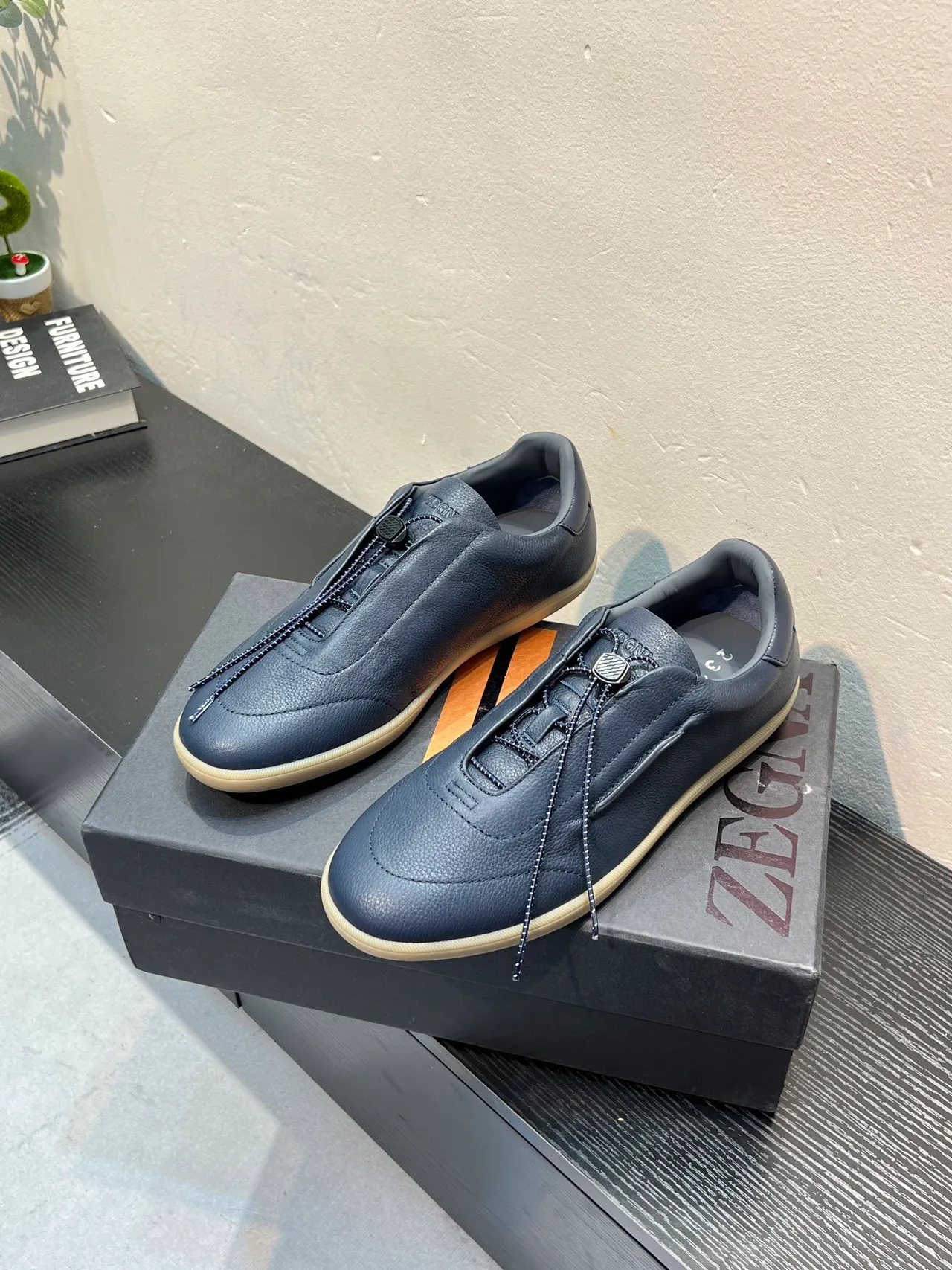 Zegna Navy Cuir Slip-On Loafer 3