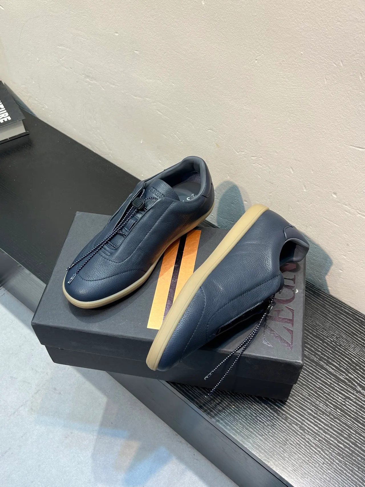 Zegna Navy Cuir Slip-On Loafer 4