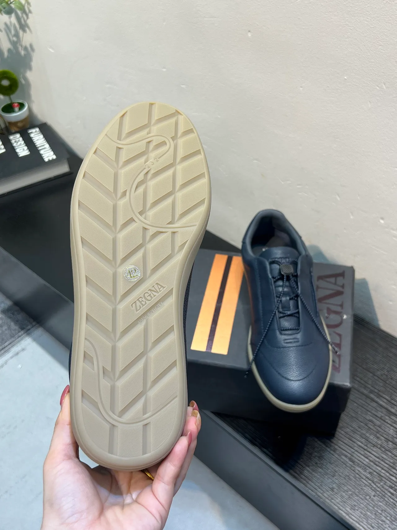 Zegna Navy Cuir Slip-On Loafer 9