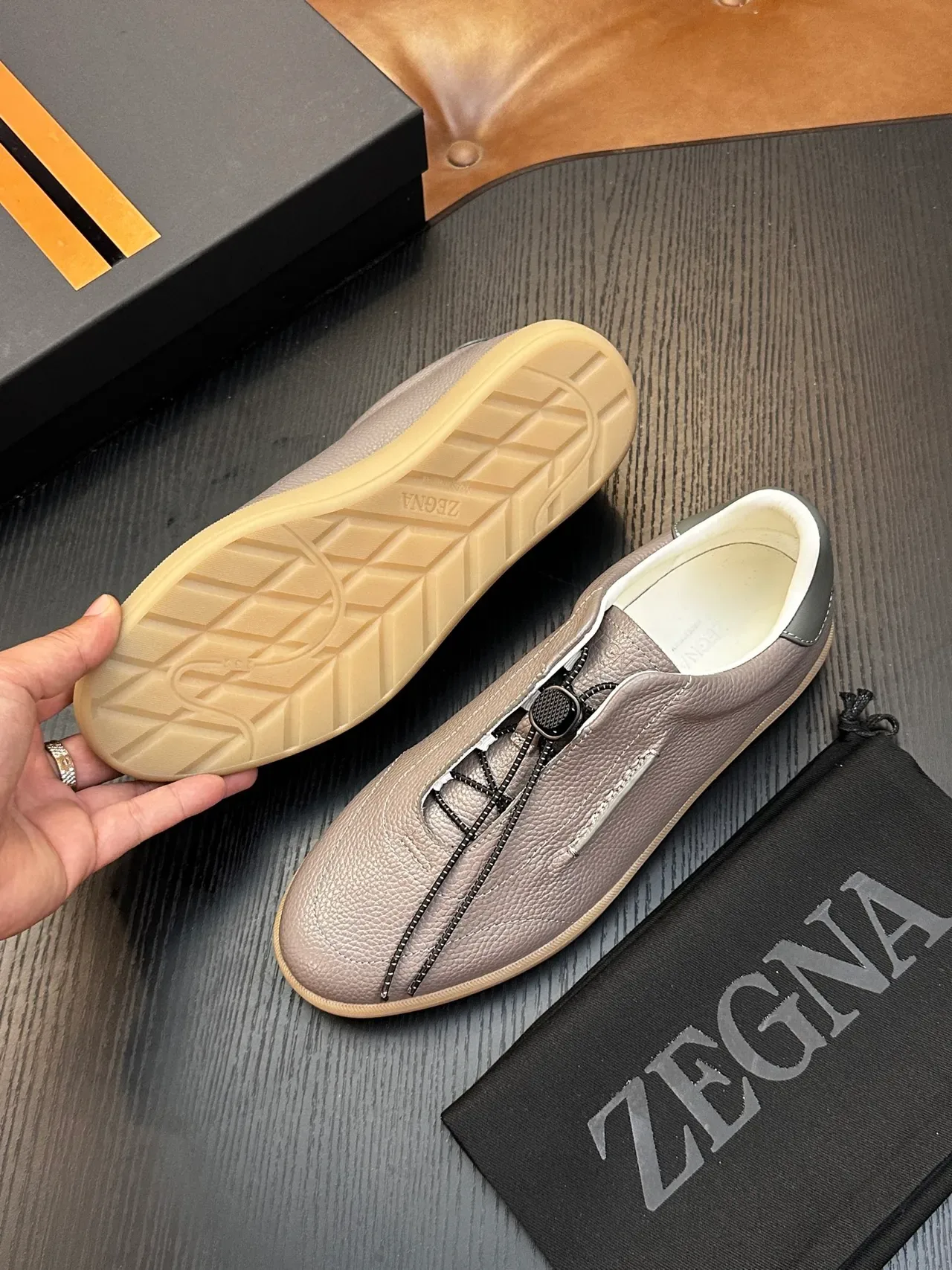 Zegna Slip-On Pebbled Leather Gray Gum Sole Casual Shoes 2