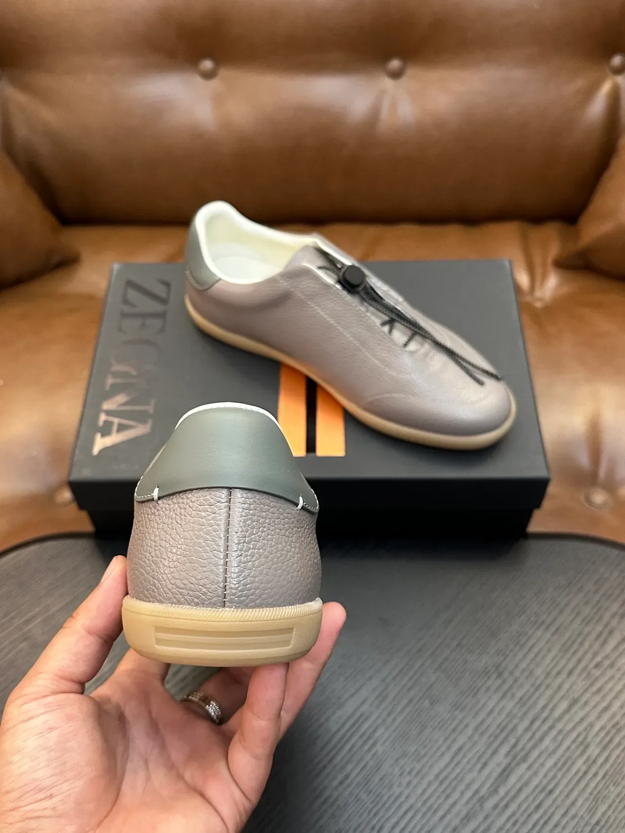Zegna Slip-On Pebbled Leather Gray Gum Sole Casual Shoes 3