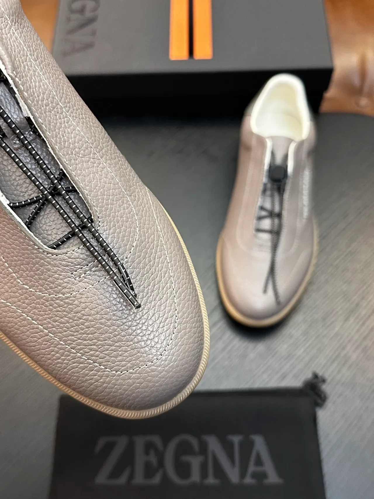 Zegna Slip-On Pebbled Leather Gray Gum Sole Casual Shoes 4