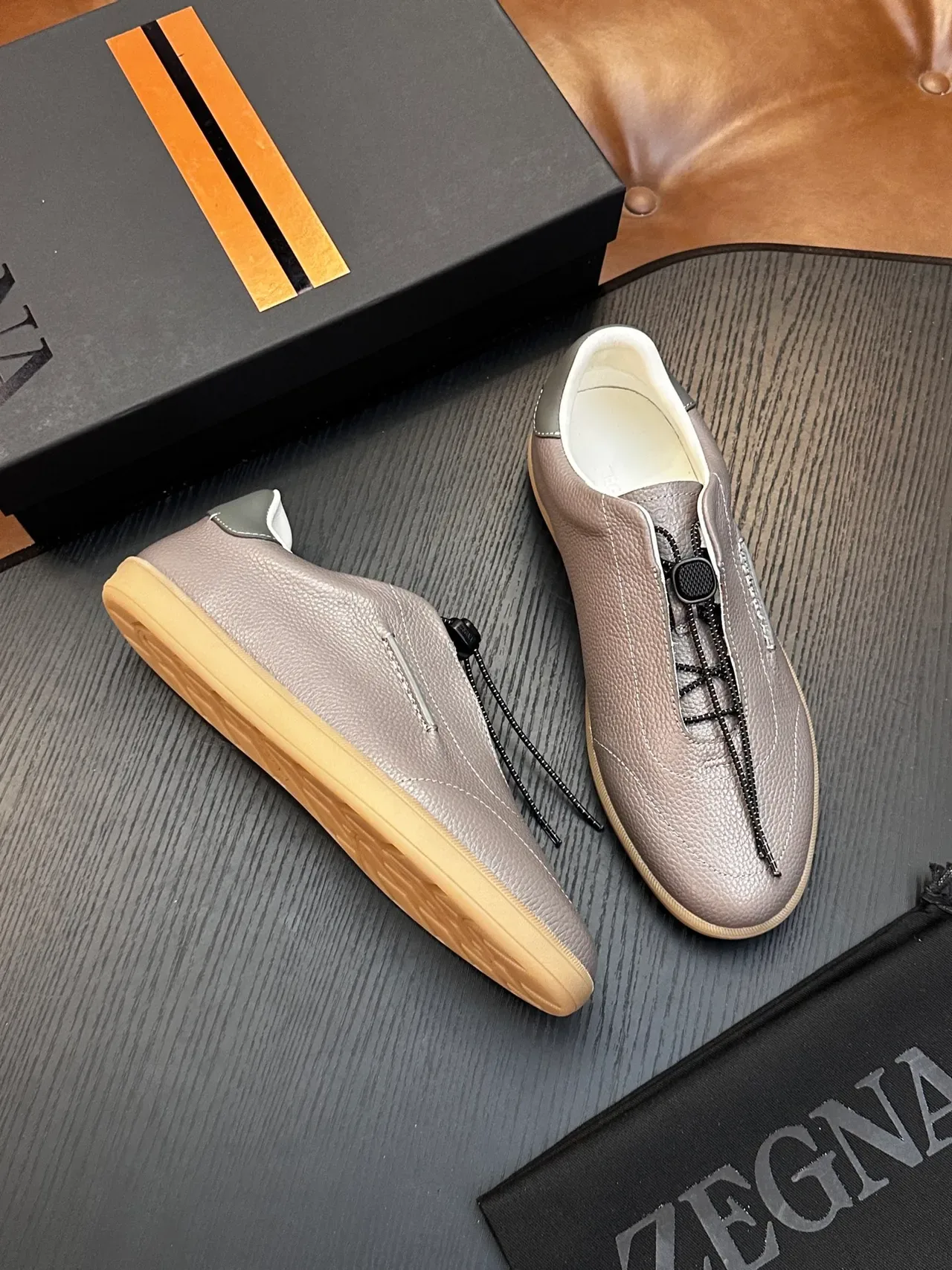 Zegna Slip-On Pebbled Leather Gray Gum Sole Casual Shoes 5