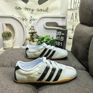 Adidas Beige Black Laceless Velcro Strap Three-Stripe Side Panel Lifestyle Sneakers