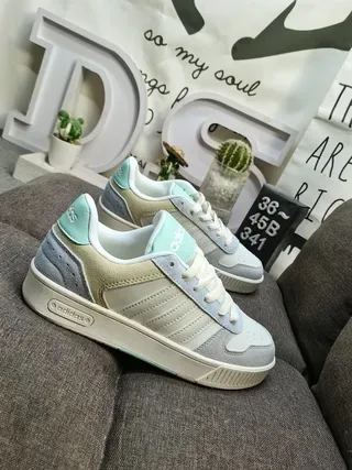 Adidas بيج أبيض أحذية رياضية نمط حياة منخفضة الارتفاع جلد ناعم ونسيج 9