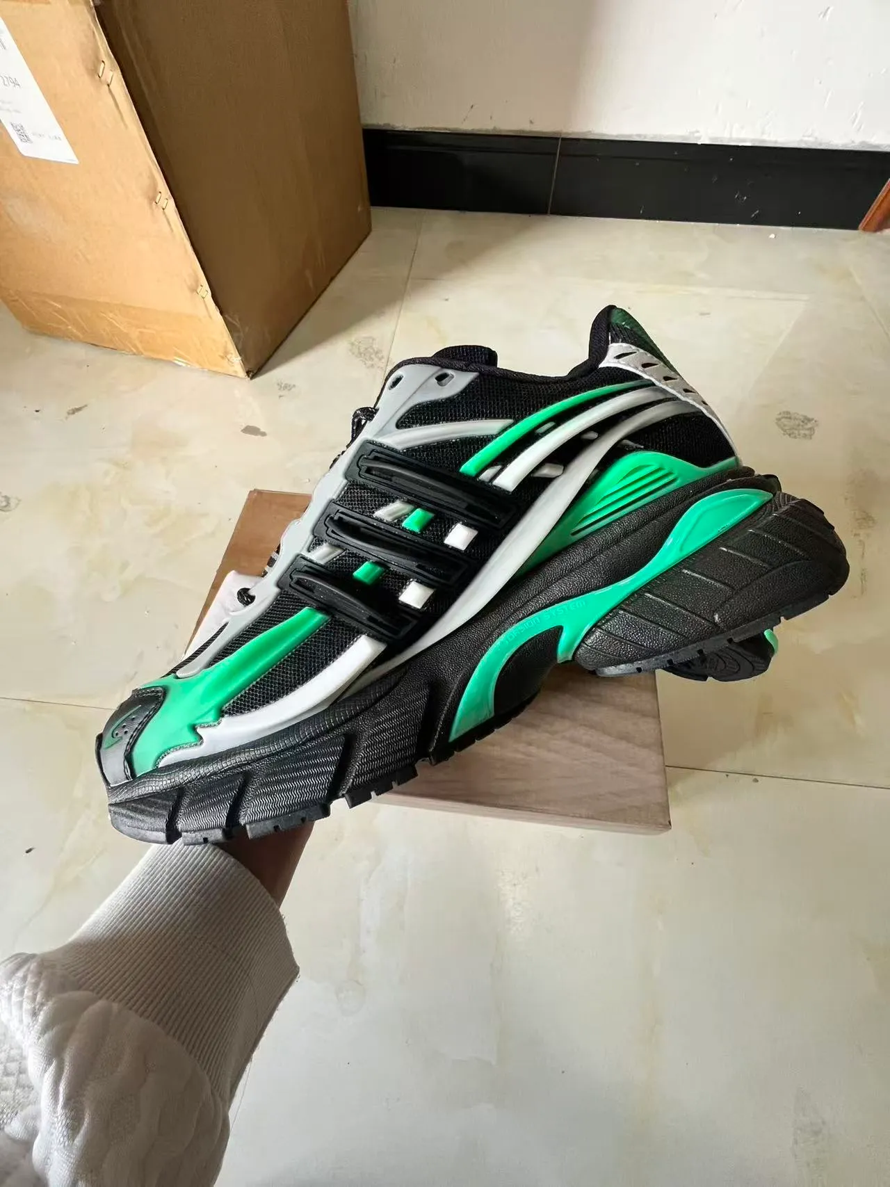 Adidas Black Green Sculpted Sole Multi-Layered TPU Cage Chunky Sneakers 5