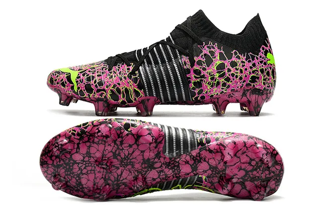 Adidas Chaussures de football noir rose avec overlay de motif de craquelure, accents vert lime néon, surface ferme 19