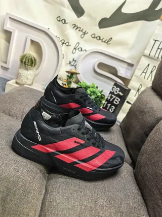 Adidas Black Red Mesh Upper Three-Stripe Overlay Running Shoes 9