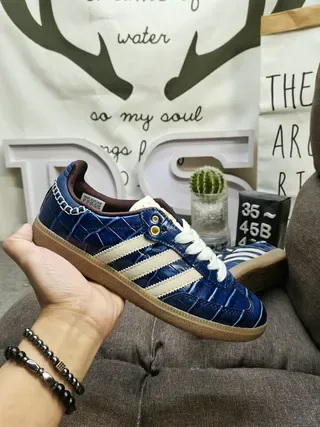 Adidas Blue Beige Crocodile-Embossed Leather Upper Three-Stripe Side Panel Lifestyle Sneakers 6