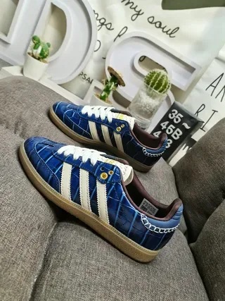 Adidas Blue Beige Crocodile-Embossed Leather Upper Three-Stripe Side Panel Lifestyle Sneakers 7