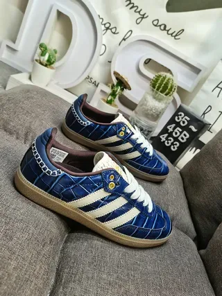 Adidas Blue Beige Crocodile-Embossed Leather Upper Three-Stripe Side Panel Lifestyle Sneakers 9