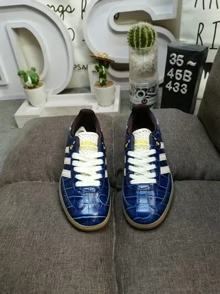 Adidas Blue Beige Crocodile-Embossed Leather Upper Three-Stripe Side Panel Lifestyle Sneakers 10