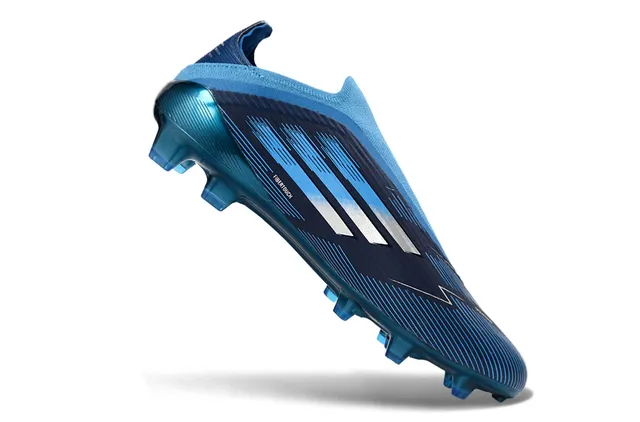 Adidas Blue White Low-Cut Sock-Fit Collar Speed-Line Graphic Overlay Firm-Ground Soccer Shoes 2