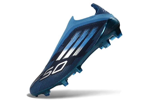 Adidas Blue White Low-Cut Sock-Fit Collar Speed-Line Graphic Overlay Firm-Ground Soccer Shoes 3