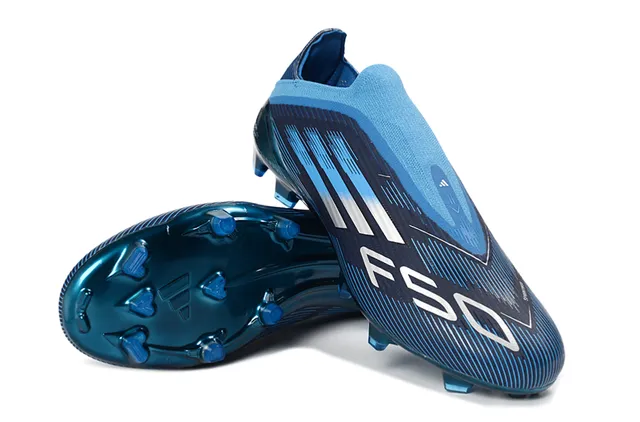 Adidas Blue White Low-Cut Sock-Fit Collar Speed-Line Graphic Overlay Firm-Ground Soccer Shoes 4
