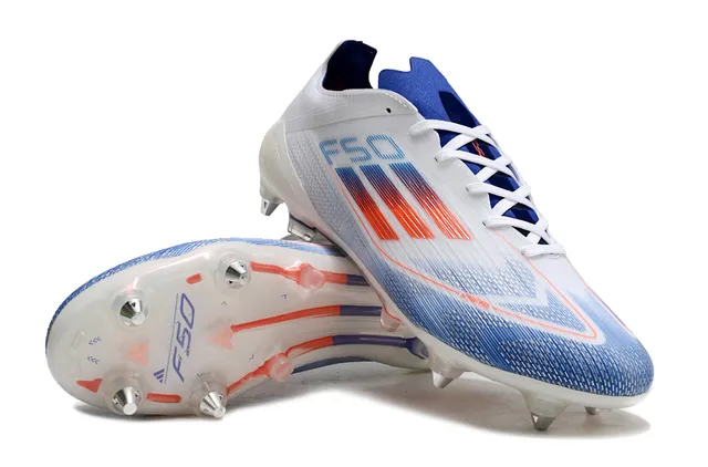 Adidas F50 Blanc Bleu Bas Coupe Tige Synthétique Cage TPU Transparente Terrain Ferme Chaussures de Football 4