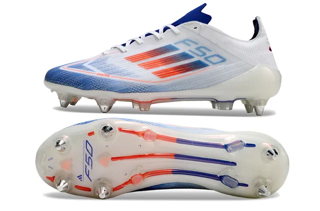 Adidas F50 Blanc Bleu Bas Coupe Tige Synthétique Cage TPU Transparente Terrain Ferme Chaussures de Football 6