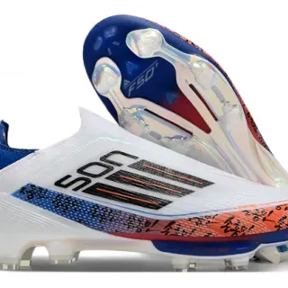 Adidas F50 White Blue Sock-Fit Upper Translucent TPU Cage Firm-Ground Soccer Shoes