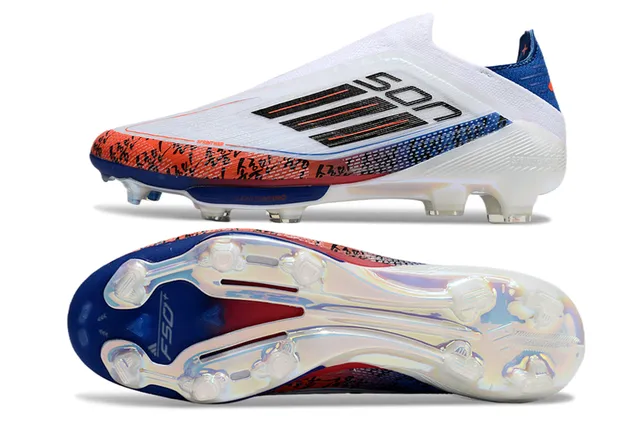Adidas F50 White Blue Sock-Fit Upper Translucent TPU Cage Firm-Ground Soccer Shoes 6