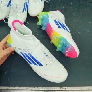 Adidas F50 White Multicolor Sock-Fit Collar Translucent Rainbow Outsole Firm-Ground Soccer Shoes