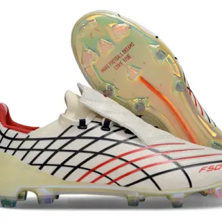 Adidas F50 White Red Grid-Patterned Upper Iridescent Translucent Sole Firm-Ground Soccer Shoes