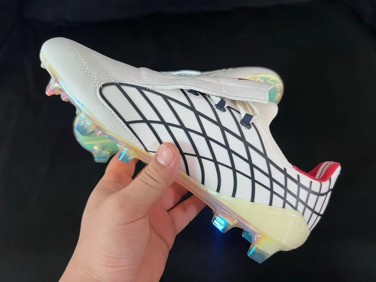 Adidas F50 White Red Grid-Patterned Upper Iridescent Translucent Sole Firm-Ground Soccer Shoes 4